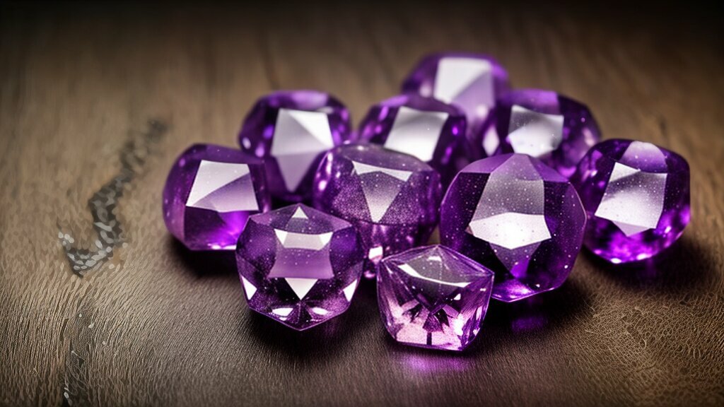 Amethyst crystals on a table